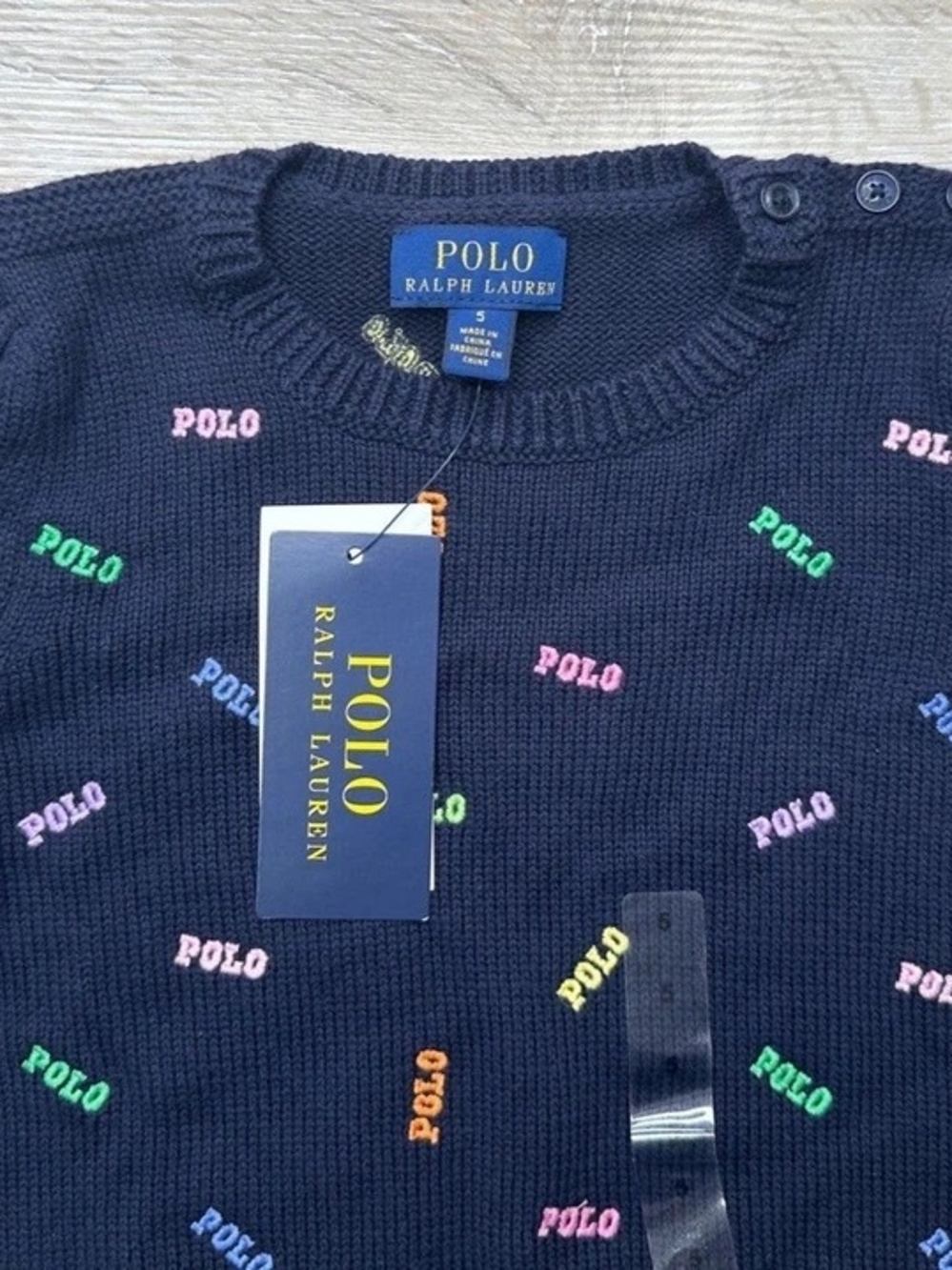 Girls Polo by Ralph Lauren Navy Sweater with Multicolor 'POLO' Embroidery - Picture 3 of 4